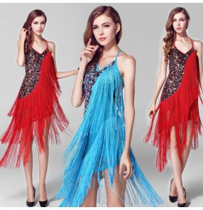 Red turquoise blue fringes tassels sequins backless sleeveless fashion competition performance latin cha cha salsa dance dresses outfits
